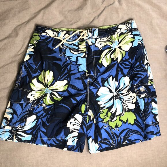 Caribbean Joe Swim Trunks Board Shorts Floral Hibiscus Blue Green Elastic XL - Picture 1 of 6